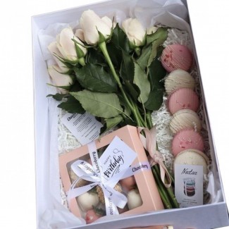 A Symphony of White Roses, Macarons, and Chocolate