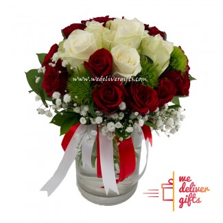 Red and white Roses in Vase