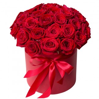 Red roses in red cylinder