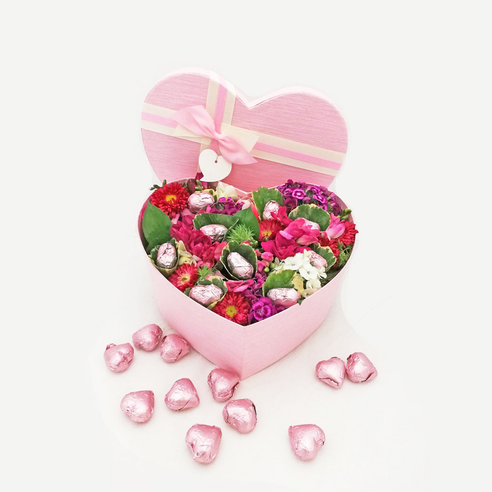 Garden of flowers and heart shaped Chocolate | WeDeliverGifts